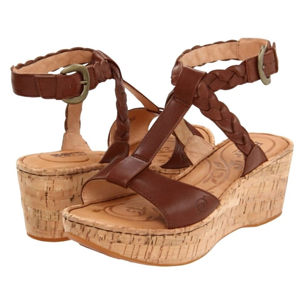 Born Laurene In Saddle Brown Braided Leather Cork Wedge Sandals Size 9